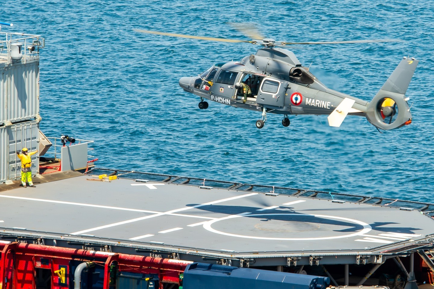 I took this picture of the AS365N3 Dauphin helicopter during its deck-landing training on the VN Partisan. The French Navy leased the aircraft from the Belgian company NHV Helicopter Services.