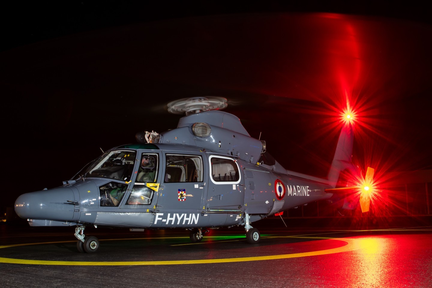 I took this picture of the AS365N3 Dauphin helicopter from the 34 Flotille/ESHE (helicopter specialization school) after its night-mission training at BAN Lanvéoc-Poulmic, France.