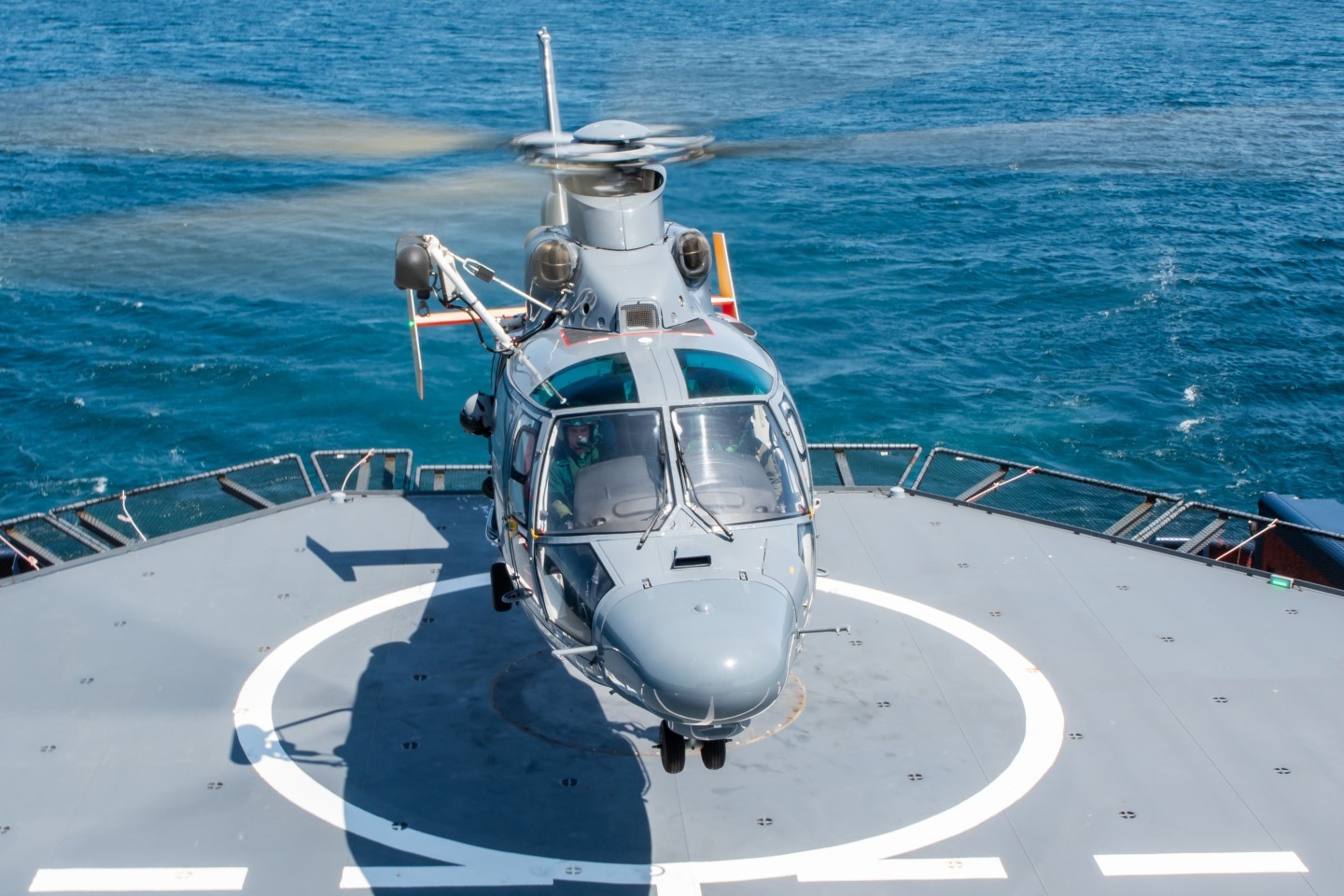 I took this picture of the AS365N3 Dauphin helicopter during deck-landing training on the VN Partisan. The French Navy leased the aircraft from the Belgian company NHV Helicopter Services.