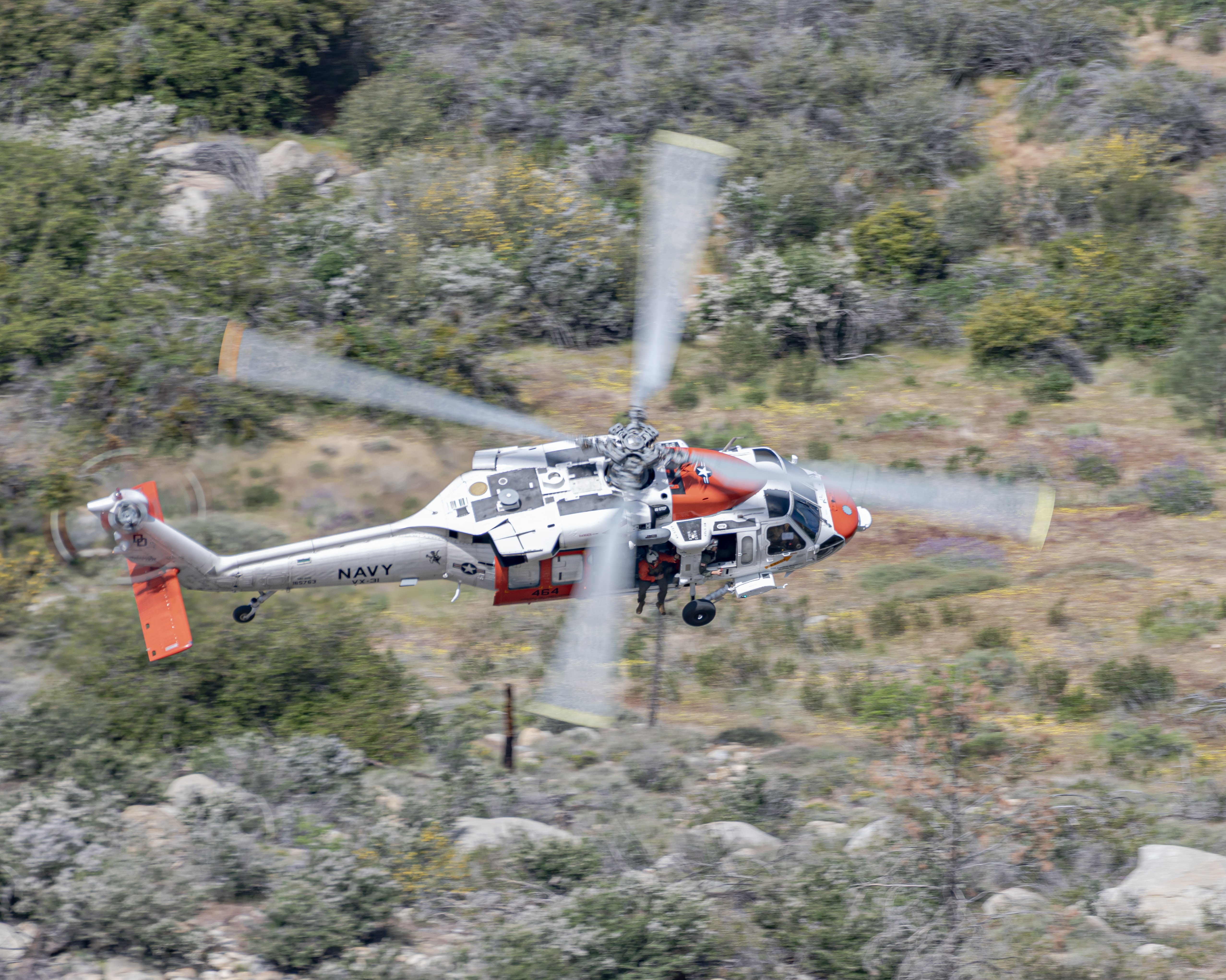 Search and Rescue MH60S from VX31, "Dust Devils" out of NAWS China Lake, CA, training in the Sidewinder Low Level Route. Getting a rotary wing visitor in an area usually reserved for fast movers was a treat!