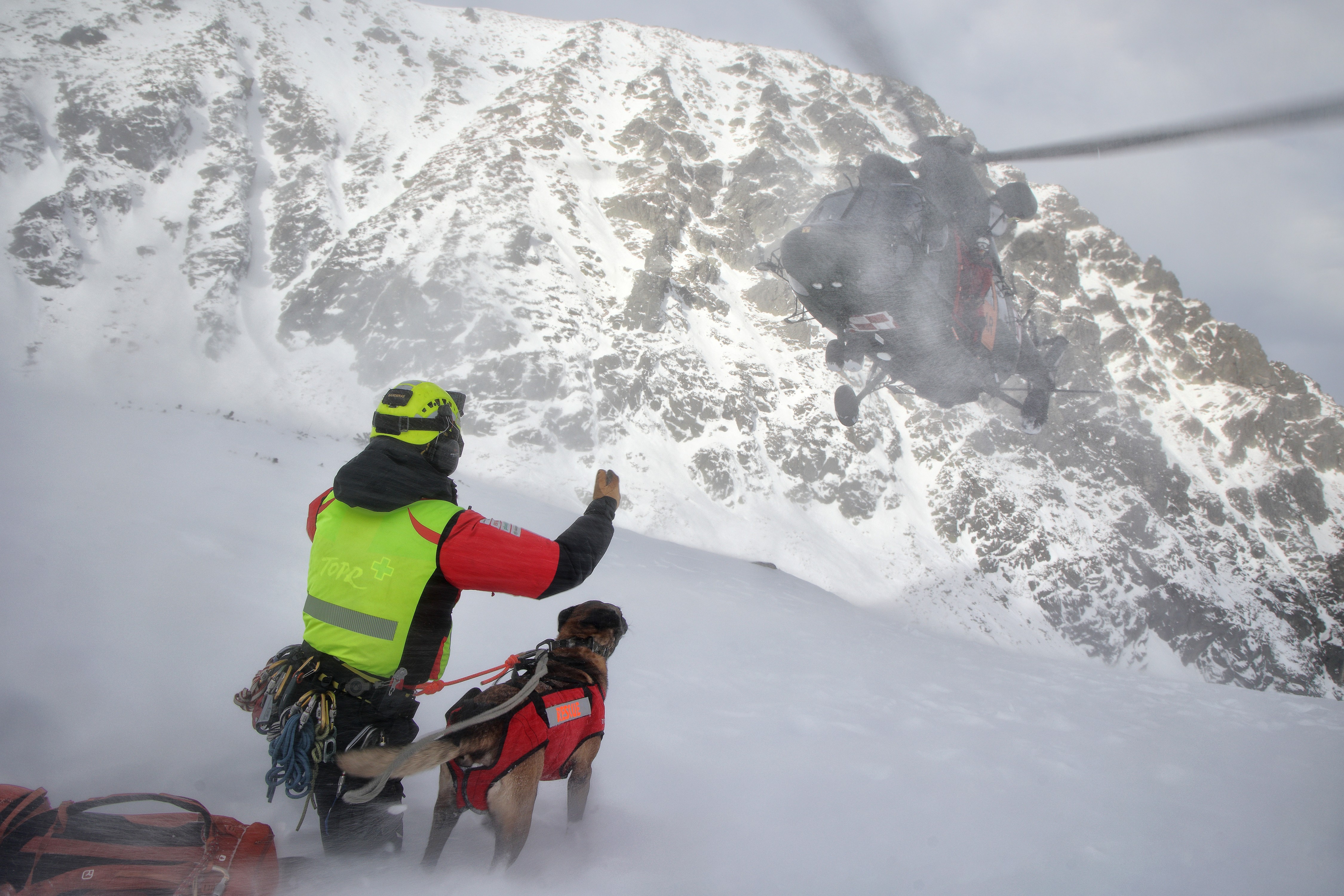 Tatra Mountain Rescuer with his dog working with Polish Air Force SAR helicopter