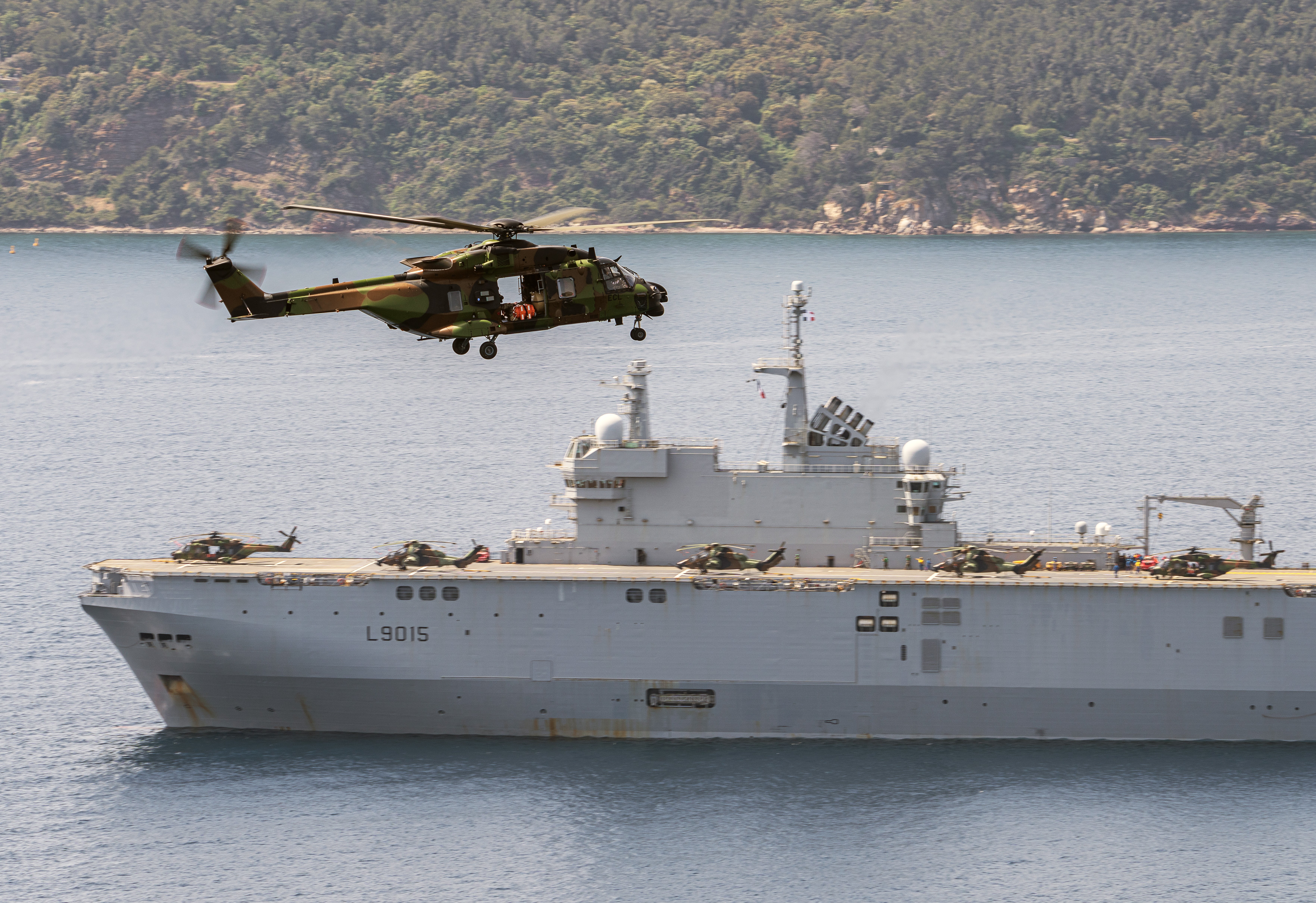 NH90 TTH (french army) heading towards PHA Dixmude (french navy)