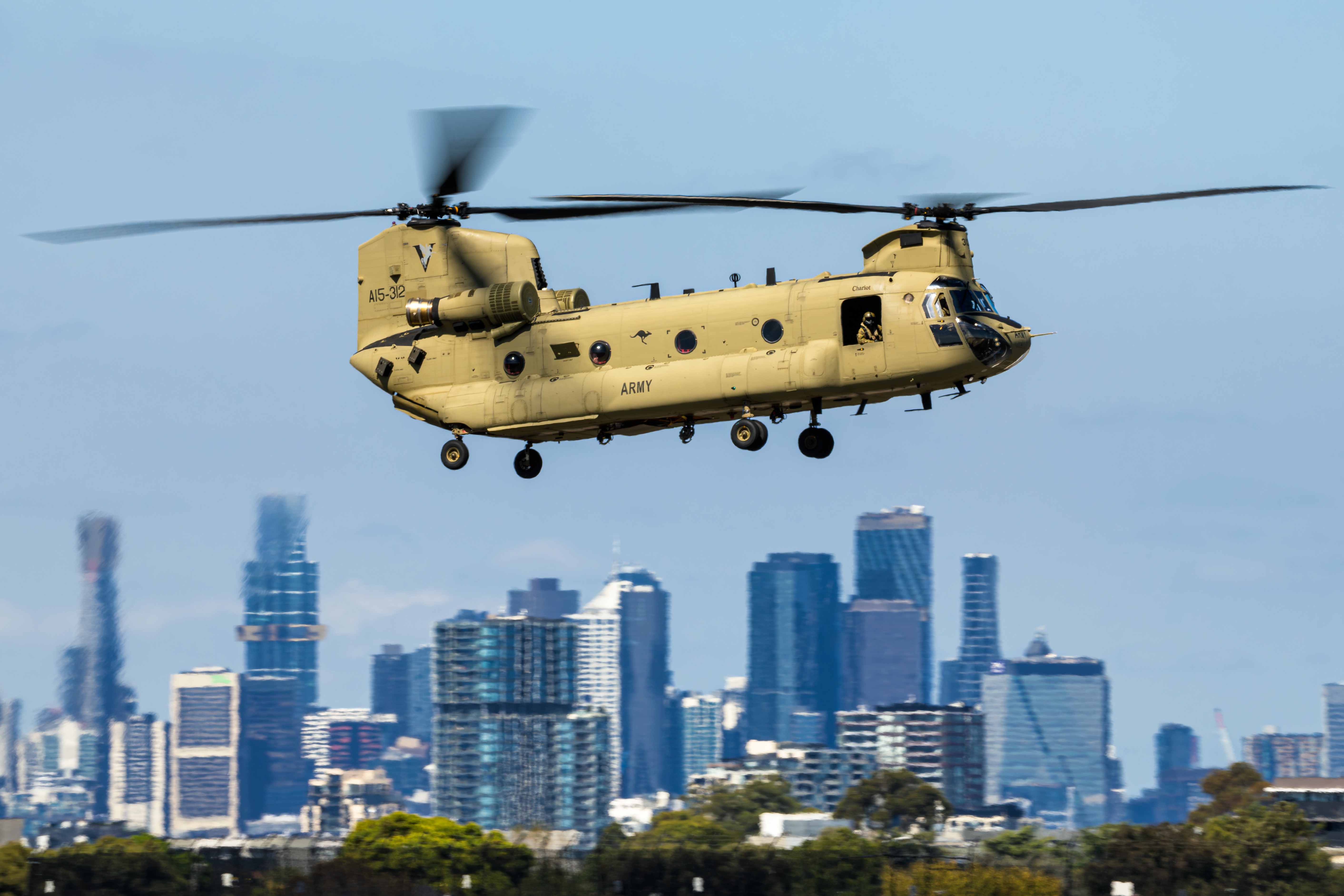Australian Army Aviation Chinook A15-312 "Chariot" arrives in Melbourne as part of a flight of two in preparation for Avalon Australian International Airshow 2025.