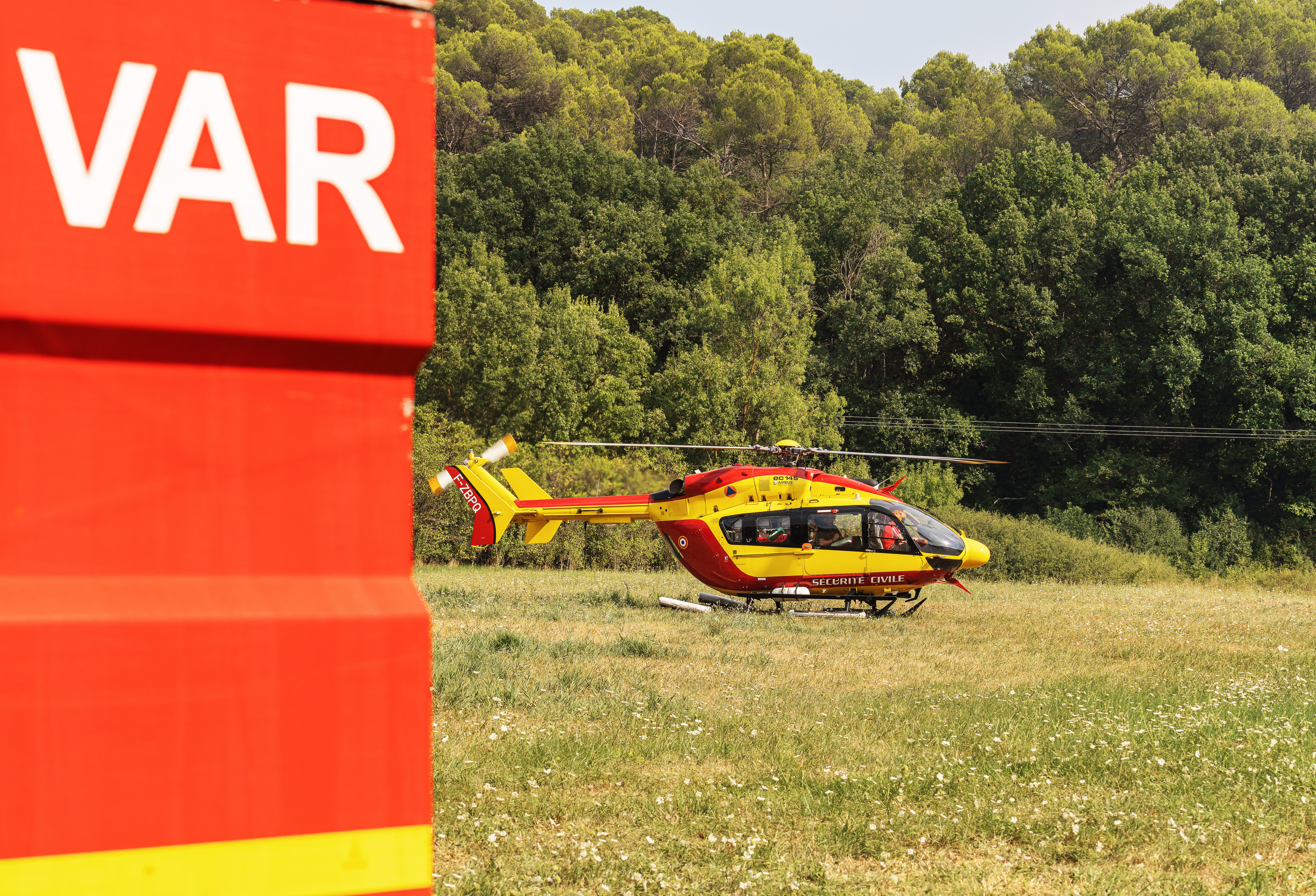 The Dragon helicopter for observation of the fire in Pontevès (Var department) near the security command post, France.