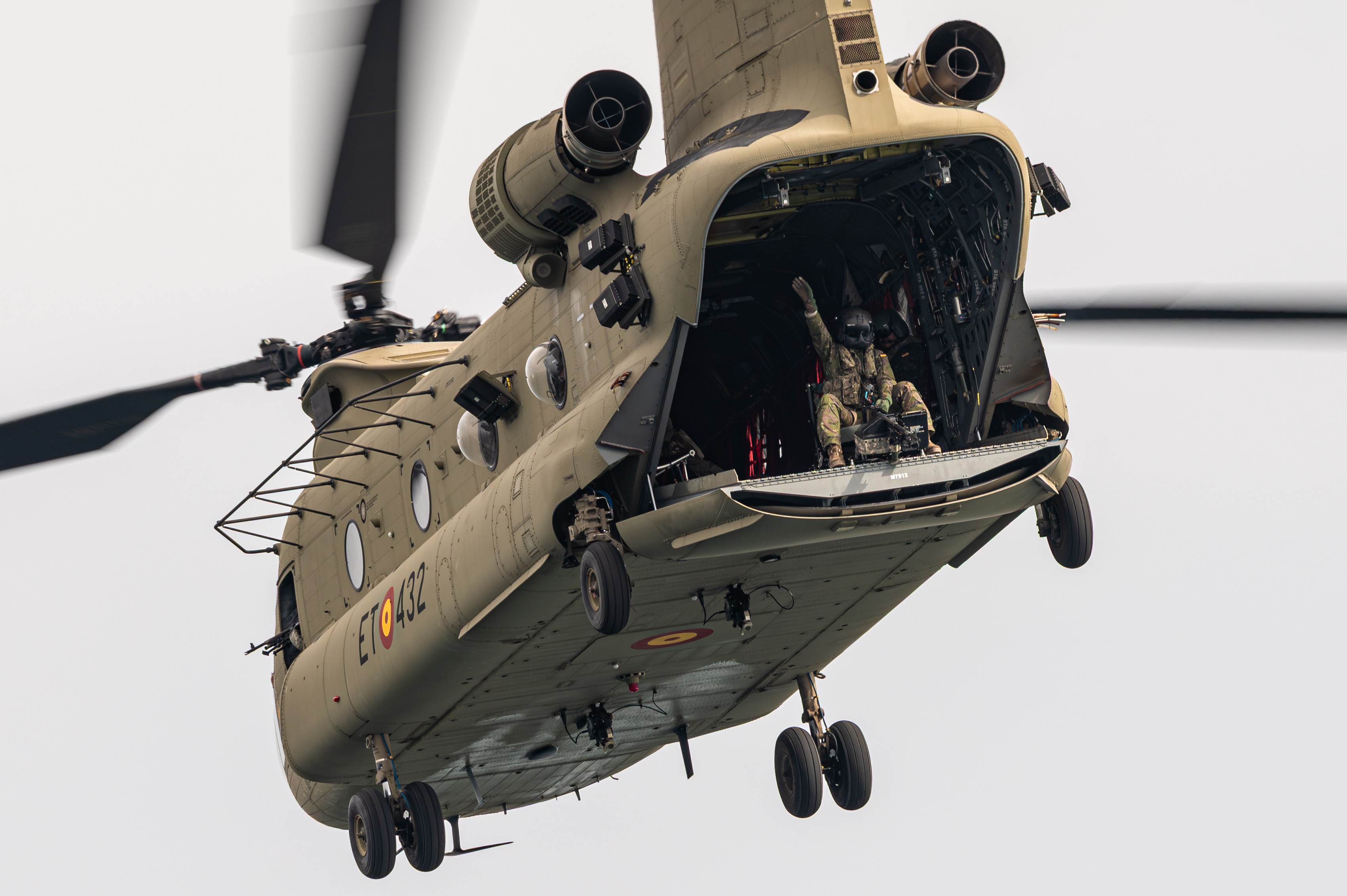 Spanish CH-43 Chinook of Spanish army. The photo was taken during Aire25 Airshow at San Javier, Murcia, Spain. On the photo we can see the gunner on rear cargo door.