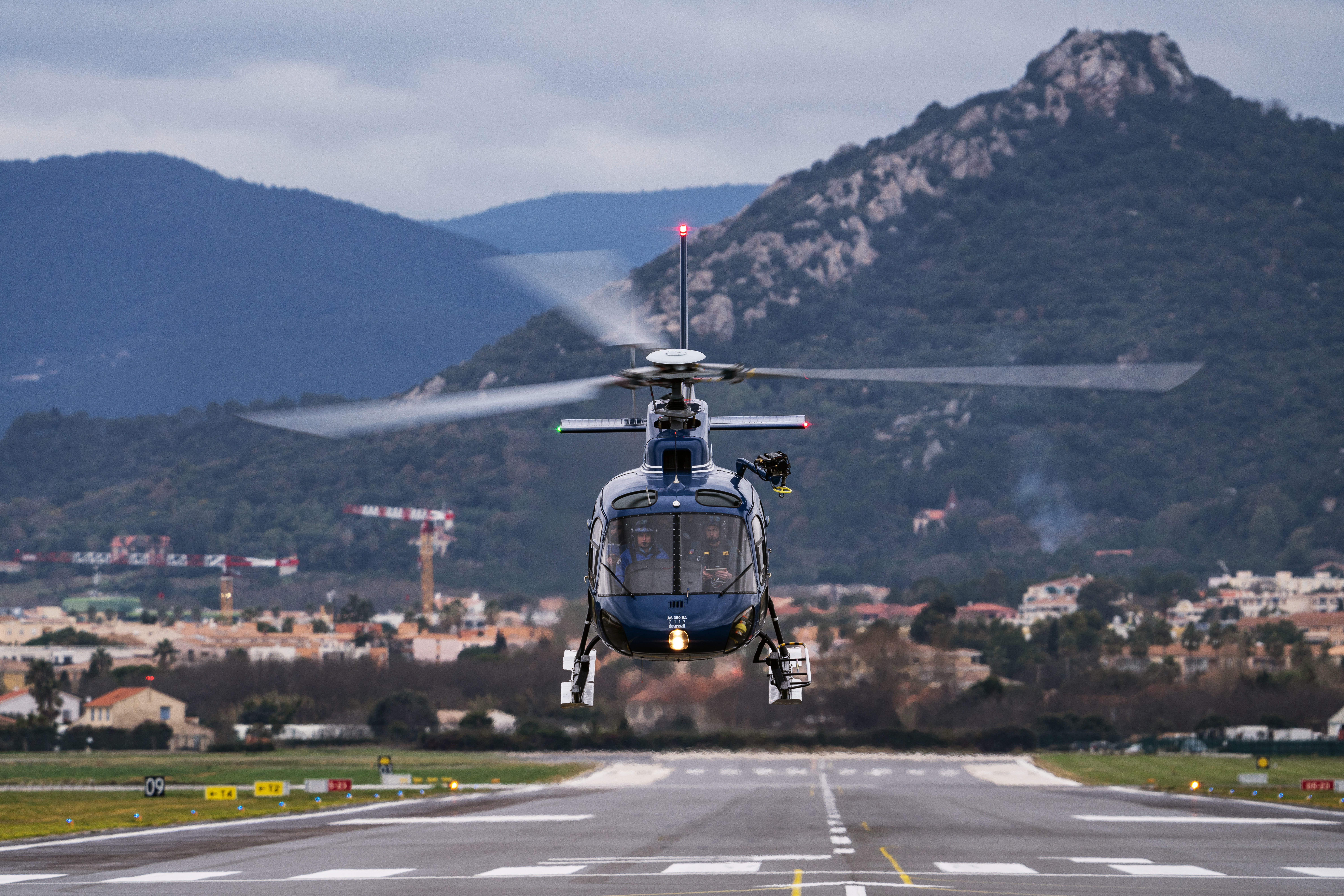 An Ecureuil helicopter of the National Gendarmerie Air Force taking off from the Hyères Naval Air Base