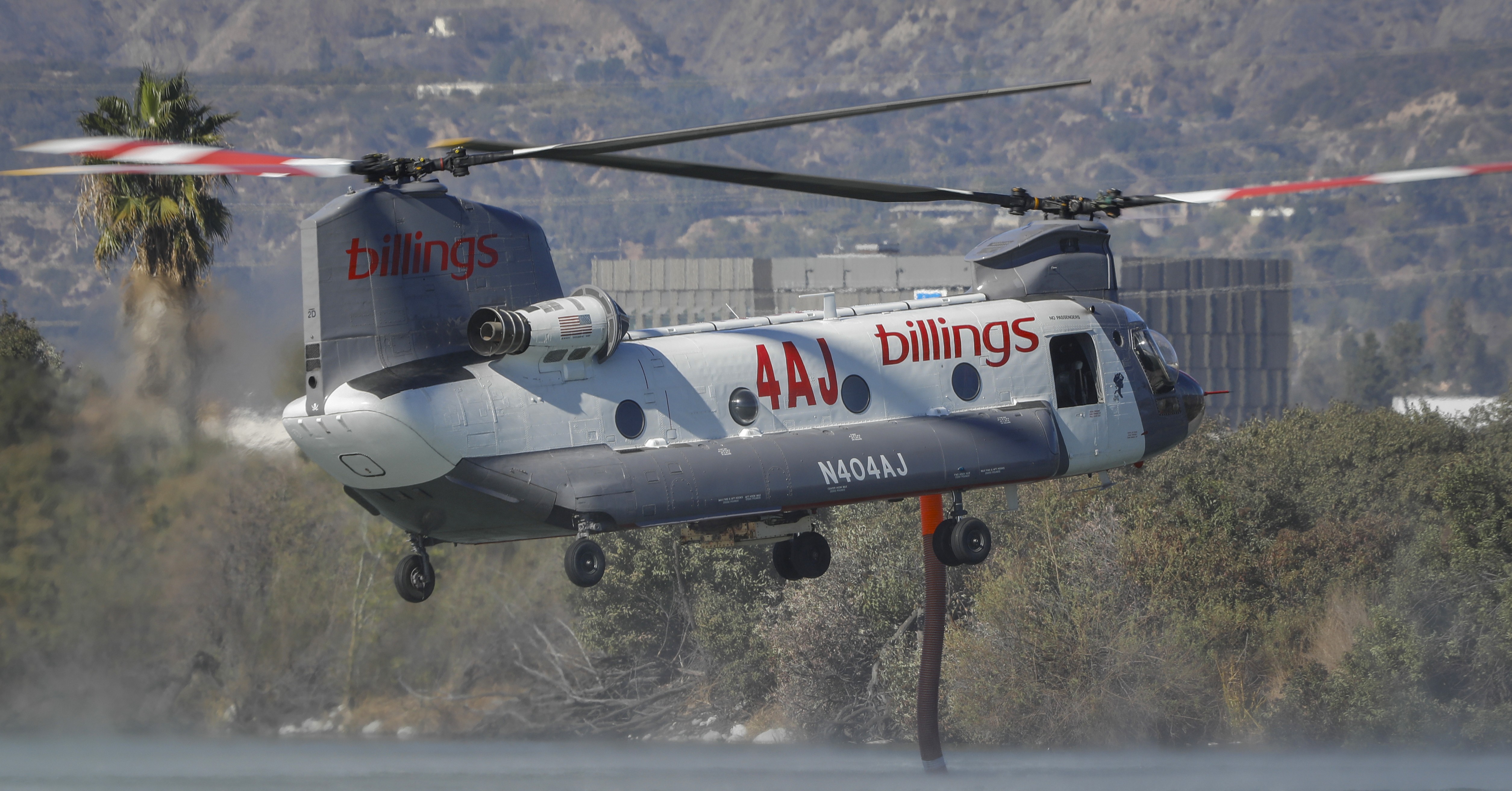 Billings helitanker 4AJ grabbing water from the Santa Fe Dam Recreation Area in Irwindale, CA as they were battling the Eaton Fire in Los Angeles County.