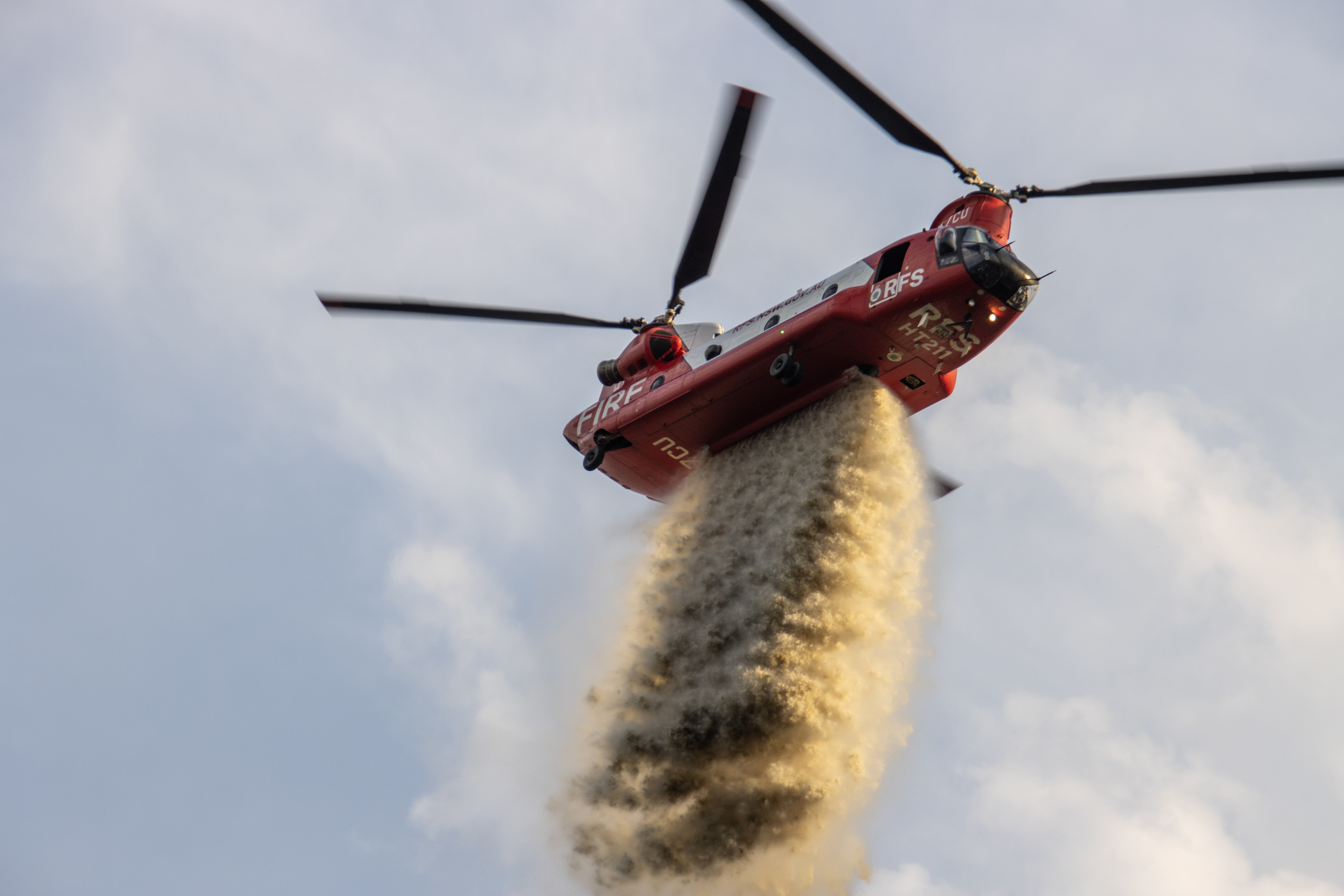 Helitack 211, One of the NSWRFS Chinooks dropping a load of water on the Koolewong Fire on the Central Coast.