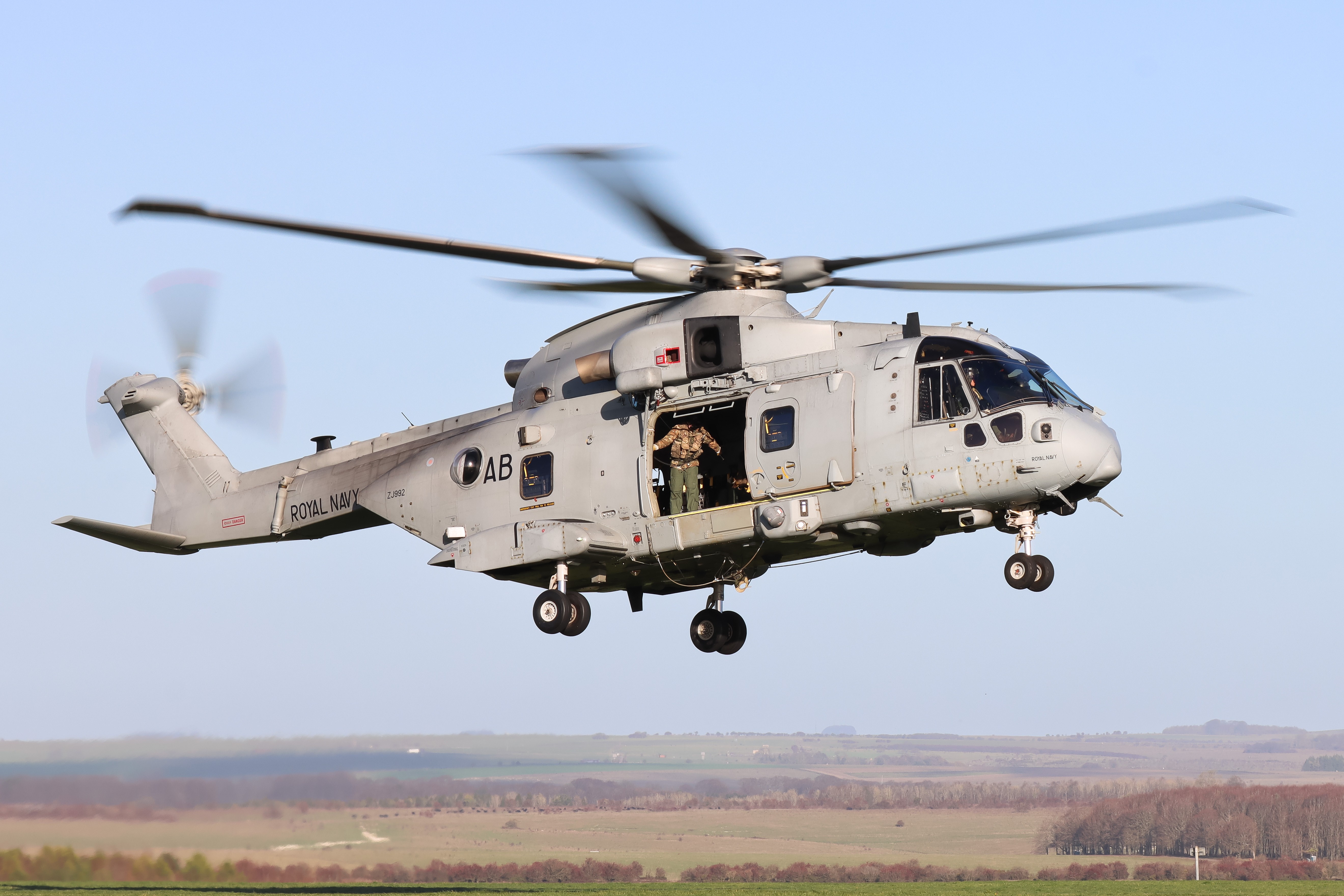 Merlin HC.4 operated by 846 Naval Air Squadron’s Operational Conversion Flight, carrying out a crew training sortie on Salisbury Plain Training Area